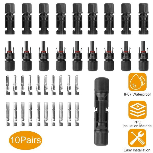 10 Pairs Solar Panel Cable Wire Connectors Kit Male & Female Waterproof Adapter