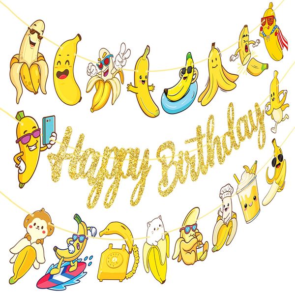 Banana Happy Birthday Banners 3PCS Banana Birthday Party Decorations Cartoon Banana Cutout Banners Lets Go Banana Birthday Party Supplies for Fruit Theme Baby Shower Decor