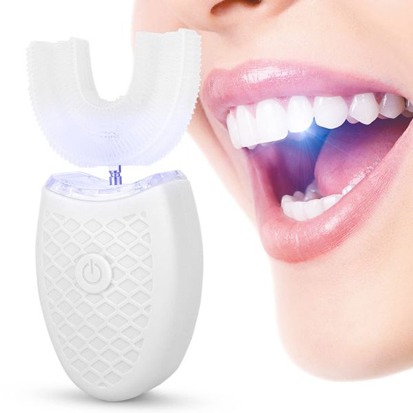 U-Shaped Toothbrush for Adults Electric Sonic Toothbrush Automatic Cleaning Toothbrush with Food Grade Silicone Brush Head Oral Care Ultrasonic Waterproof IPX7 whitening Toothbrush(White)