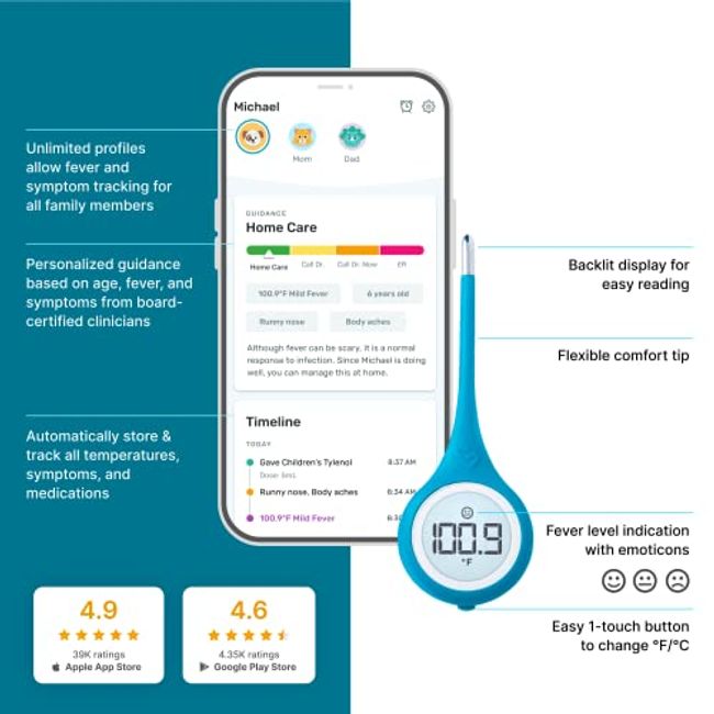 Kinsa QuickCare Smart Thermometer for Fever - Digital Medical Baby