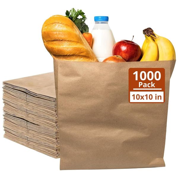 [1000 Pack] Brown Kraft Paper Bags (10" x 10") - Home Kitchen Food Storage Bags - Flat Strung Fruit Sandwich Bags - Grocery Takeaway Picnic School Office Lunch Bags