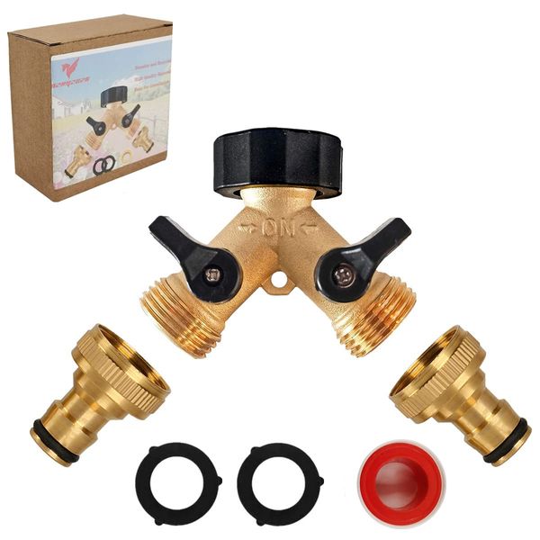 2 Way Garden Hose Splitter,Garden Hose Splitter, Y Valve, 2-Way Tap Connector with Individual On/Off and Two Quick Connector, 3/4" Tap Y Splitter Brass Hose Connector(2 Way Splitter)