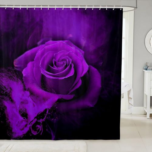 Purple Rose Floral Shower Curtain, Ombre Rose Black Gray Bathroom Shower Curtain Sets, Valentine'S Day Waterproof Fabric Shower Curtain, Trippy Botanical Flower Blossom Bath Curtain 72"Wx72"L