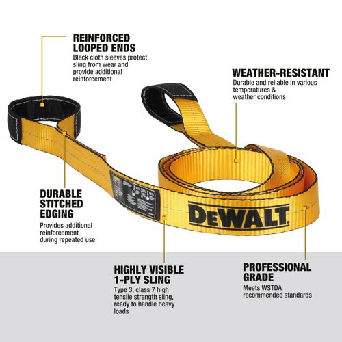 DEWALT DXBC90084 Black/Yellow 2” x 12’ Heavy Duty Lifting Sling - 1 Ply X 3,200 lb Vertical Weight Capacity / 6,400 lb Basket Weight Capacity