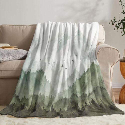 Neasow Watercolor Mountain Forest Fleece Throw Blanket, Nature Misty Foggy Sage Green Tree Landscape Art Nap Blankets Gift Sofa Bed Couch Chair or Dorm Throws 60×80 inches