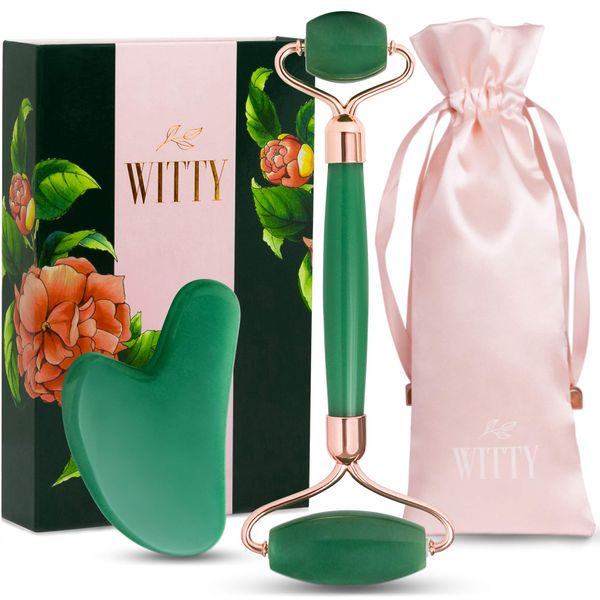 WITTY Jade Face Roller and Gua Sha Set in Hand-Drawn Giftbox - Gua Sha Stone, Face Massager Roller, Beauty Massage Face Scraper Tools - Guasha Tool for Face Roller Skin Care, Eyes, Neck - Extra Pouch