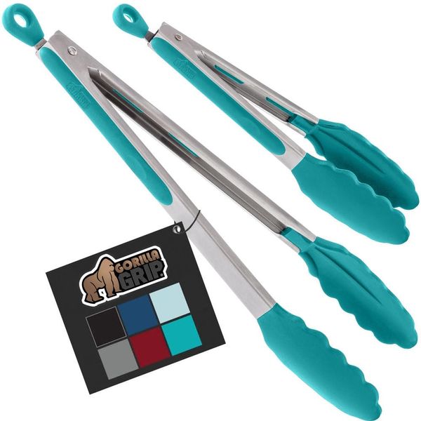 Gorilla Grip Stainless Steel Heat Resistant BBQ Kitchen Tongs Set, Non Scratch Silicone Tip for Nonstick Cooking Pans, Strong Grip for Grabbing Hot Food, Air fryer, Pull Lock, 9 and 12 Inch, Turquoise