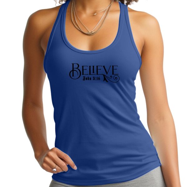 Womens Fitness Tank Top Graphic T-shirt, Believe John 3:16 Black - Royal Blue / XL