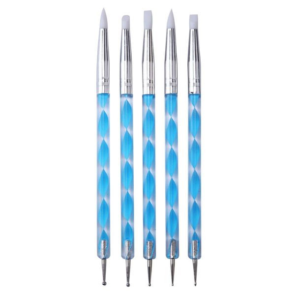 Kingsie Nail Brush Silicone Nail Brush Dot Pen Set of 5 Dotting Engraving 2 Way Nail Art Pen Gel Nail Polish (Blue)