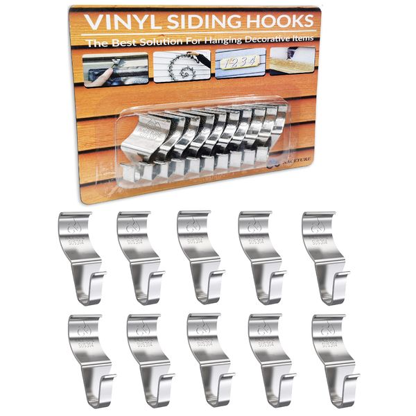 NACETURE Vinyl Siding Hooks Hanger (10 Pack) | Vinyl Siding Hooks for Hanging Outdoor Deck Decor, No Drill Vinyl Siding Clips for Hanging Outside Home or Holiday Decor (10 Pack)