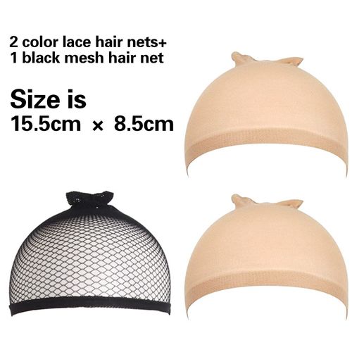 Set of 3 Hair Net Nylon Wig Caps, Wig Cap Set 2 Nude Beige Wig Caps and 1 Black Hair Net, Elastic Net Wig Net, Elastic Hair Net for Wigs, Wig Caps