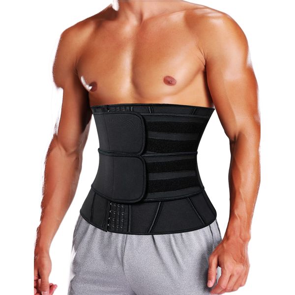 KIWI RATA Neoprene Workout Waist Trainer for Men Sweat Belt with Double Belly Straps, X-shape Steel Bones