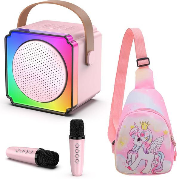 Mini Karaoke Machine, Portable Karaoke Machine with 2 Wireless Microphones, Gifts for Kids, Adults, Girls Boys Christmas Toys, Age 3 4 5 6 7 8+ Year Olds, Bluetooth Speaker, 1 Bag, for Party (Pink)