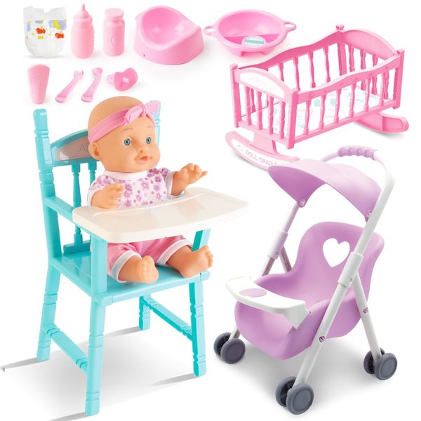 deAO Baby Doll Set Play Set with Doll Crib,Doll High Chair Stroller,12PCS Baby Doll Accessories,Great Pretend Play Gift Doll Toys for 3+ Years Old Kids Girls Boys