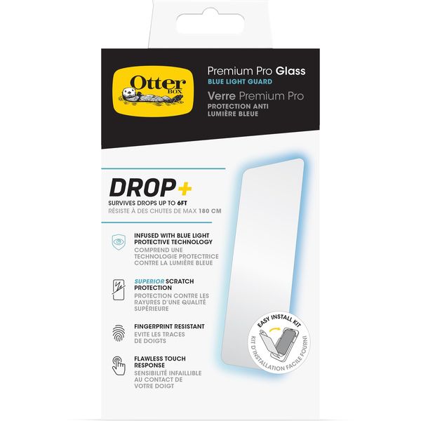 OtterBox Premium Pro Blue Light Glass Displayschutz für iPhone 15 Pro Max, gehärtetes Glas, überragender Kratzschutz, übersteht Stürze bis zu 1.8m, antimikrobieller Schutz