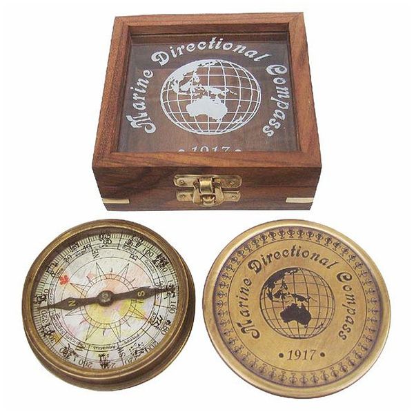 Antique Brass Compass in Elegant Wooden Box with Glass Lid