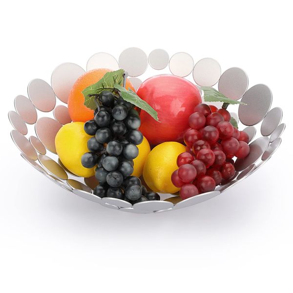 OwnMy Silver-Gray Metal Fruit Bowl Basket Creative Fruit Stand Round Fruit Tray Decorative Home Kitchen Countertop Fruit Holders, Iron Large Fruit Plate Round Storage Tray for Breads Snacks Candy