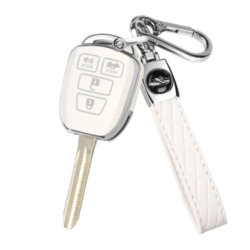 MILD EAST for Toyota Key Fob Cover with Metal Key Chain, Silver Edge Soft TPU Key Fob Shell Case for 2012-2019 Camry Corolla Tacoma, White