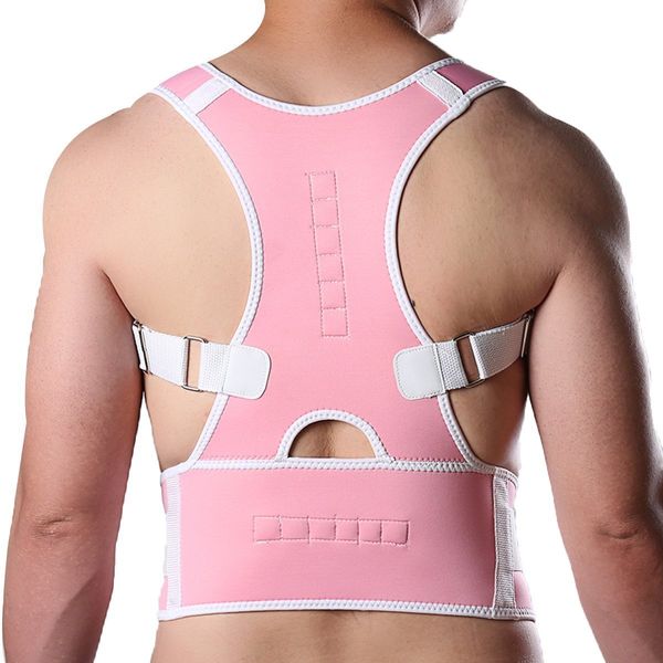 Posture Corrector Brace Shoulder Back Support Pain Relief Belt Magnetic Adjustable Elastic Belt Strap (Pink, XL)