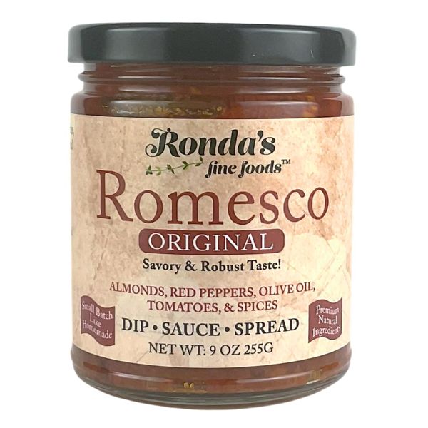 Original Romesco by Ronda's Fine Foods | Dip, Sauce, Spread | 9.0 oz Jar | Gourmet, Small-Batch | Savory & Robust Taste | Almonds, Pure Olive Oil, Roasted Red Peppers, Spices | Versatile Condiment | Charcuterie