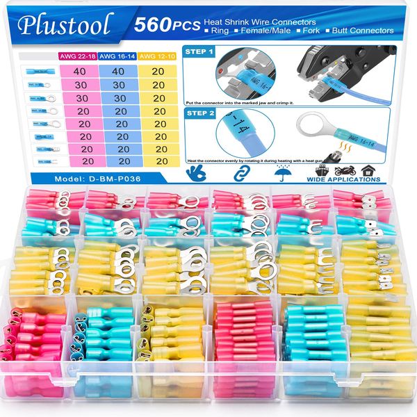 560PCS Marine Grade Heat Shrink Wire Connectors-Plustool Electrical Connectors Kit of Tinned Red Copper,AWG22-10 Multipurpose Waterproof Insulated Crimp Connector Terminals Ring Fork Spade Butt Splice