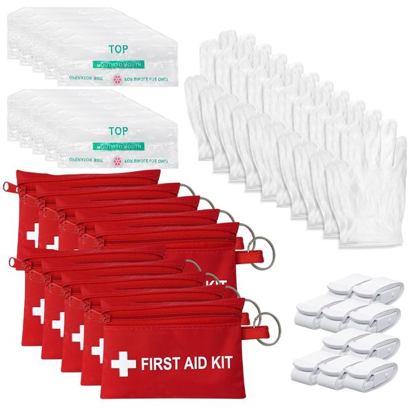 Yzpacc Mini First Aid Kit - CPR Pocket Mask Keychain CPR Face Shield with Breathing Barrier & Elastic Belt & One Pair of Disposable Gloves for Travel Home Camping - Emergency Supplies (10 Set)