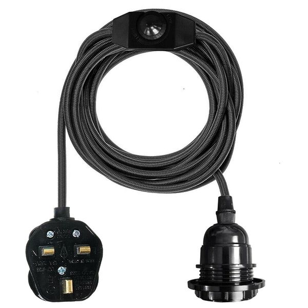 Plug in Ceiling Pendant Light Fitting, E27 Lamp Holder Suspended Pendant Light plug in, 2m Fabric Cable Plug with Dimmer Switch (Black)