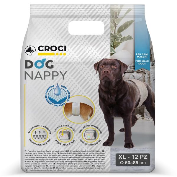 Croci Dog Nappy - Male Dog Diapers - Dog Underpants for Pee - Hygiene Wrap Diaper for Male Dogs, Anti-odour, Disposable, 12 Pieces, Size XL, 60-85 cm