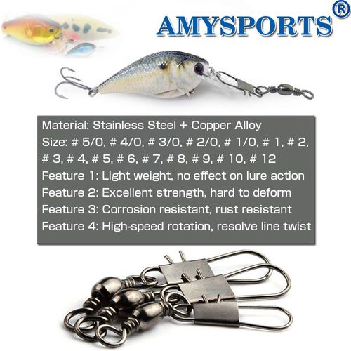 AMYSPORTS Fishing Tackle Barrel Swivel Snap High Strength Snap Swivel Saltwater Stainless Steel Fishing Barrel Snaps Interlock Snaps Freshwater Leader Lure Connnector Accessories 50pcs 52lbs