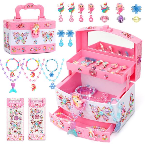 Jewelry Box for Girls, Unicorn Toys for Girls Age 4-6 Kids Jewelry Box, Toddler Girl Jewelry Set with Princess Necklaces/Bracelets/Earrings/Rings, Funny Christmas Birthday Gifts for 3-6 Year Old Girl