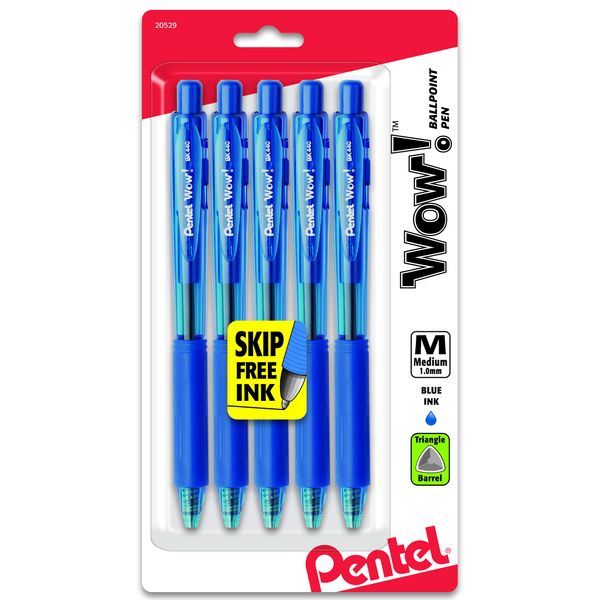 Pentel WOW! Retractable Ballpoint Pens, Medium Line, Blue Ink, 5 Pack (BK440BP5C)