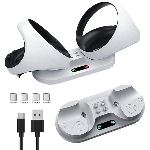 PS vr2 Charging Stand (2023 - 3 in 1) Compatible with VR2 Controller, Rapid Charger, Can Charge 2 Devices Simultaneously, USB Power Supply, Controller, Storage, Space Saving, Easy Installation,