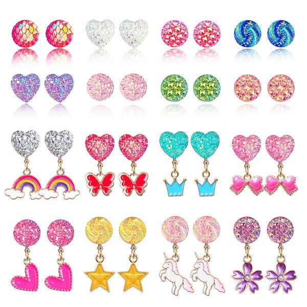 EleMirsa 16 Pairs Girl Clip On Earrings Little Girl Princess Clip on Earrings Dress Up Pretend Play Earrings Jewelry Set for Toddlers Kids(16 Pairs)