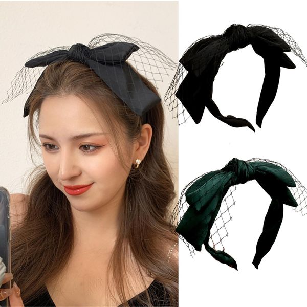 auwiyd Lolita Bow Headband Hoop Mesh Knotted Bow Hair Hoop Bridal Headdress for Women Girls Elegant Black and Green Double-layer Mesh Headband Vintage French Style Hair Accessories 2 PCS