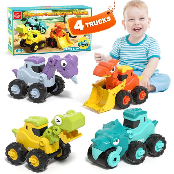 Lehoo Castle Toys for 1 Year Old Boys, Dinosaur Toys for Boys Construction Toys, Gifts for 1 Year Old Boy Pull Back Cars, Press and Go Toy Cars, Friction Powered Truck Toy