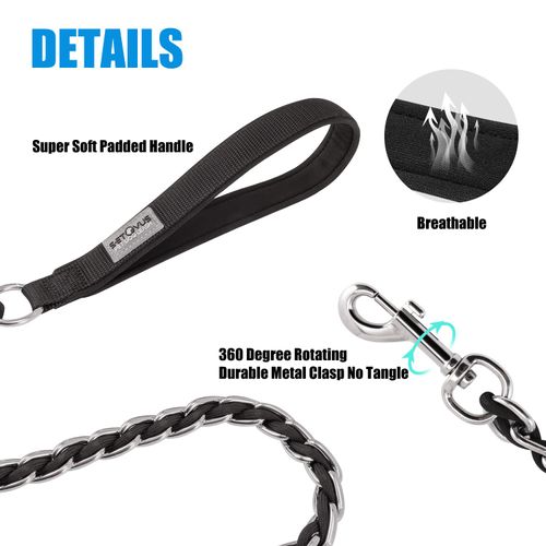 Chain Dog Leash Chew Proof Metal Leash for Medium Large Dogs, Chain Link Dog Leash Anti Chew 5.2FT Strong Anti Bite Dog Leash Comfortable Soft Padded Handle Black 3.0