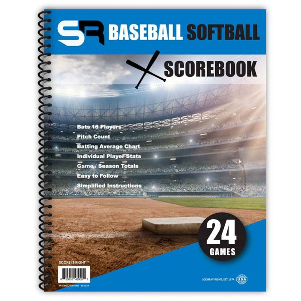 Score It Right Little Blue Baseball/Softball Scorebook – Premium Score Keeping Book – 16 Player - 24 Game Scorebook with Pitch Count, Individual Player Stats, Batting Average Chart - 9.25" x 12"