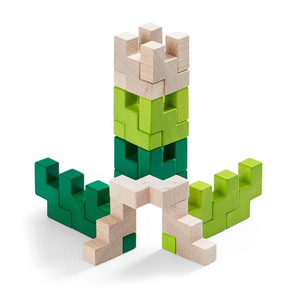 HABA 3D Wooden Blocks Viridis - 21 Piece Natural and Green Toned Beech Wood Set (Made in Germany)