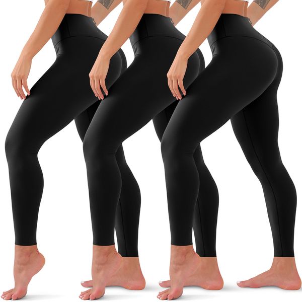 3 Pack High Waisted Leggings for Women No See Through Yoga Pants Tummy Control Leggings for Workout Running Buttery Soft (Black/Black/Black, L/XL)