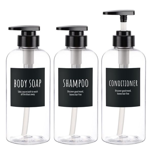 Segbeauty Shampoo Bottle Dispenser, Transparent Set of 3, 16.9 fl oz (500 ml), Large Capacity, Black, Round Shape, Leak Proof, Refill Bottle, Stylish, Bathroom, Washroom