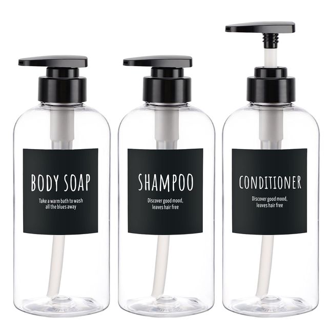 Segbeauty Shampoo Bottle Dispenser, Transparent Set of 3, 16.9 fl oz (500 ml), Large Capacity, Black, Round Shape, Leak Proof, Refill Bottle, Stylish, Bathroom, Washroom