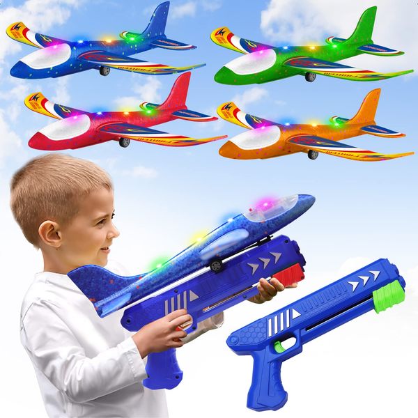 Wesfuner 4 Pack Airplane Launcher Toys, 2 Flight Modes LED Foam Glider Catapult Plane Toy for Boys, Outdoor Flying Toys Birthday Gifts for Boys Girls 4 5 6 7 8 9 10 11 12 Year Old