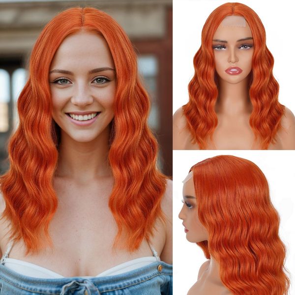 MeaYOO Orange Wig for Women, Short Ginger Wavy Wig with Lace, Shoulder Length Middle Part Curly Wavy Bob Wig, Natural Looking Synthetic Heat Resistant Fiber Wig, Party Cosplay Wig 14 Inch