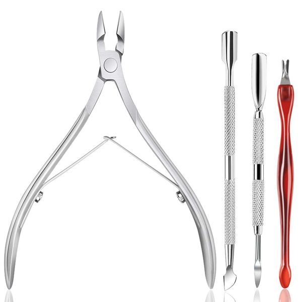 Cuticle Trimmer with Cuticle Pusher - 4 Pcs Cuticle Cutter Nipper Clipper Dead Skin Remover Scissor Plier Durable Manicure Pedicure Tools Nail Tools Set for Fingernails and Toenails