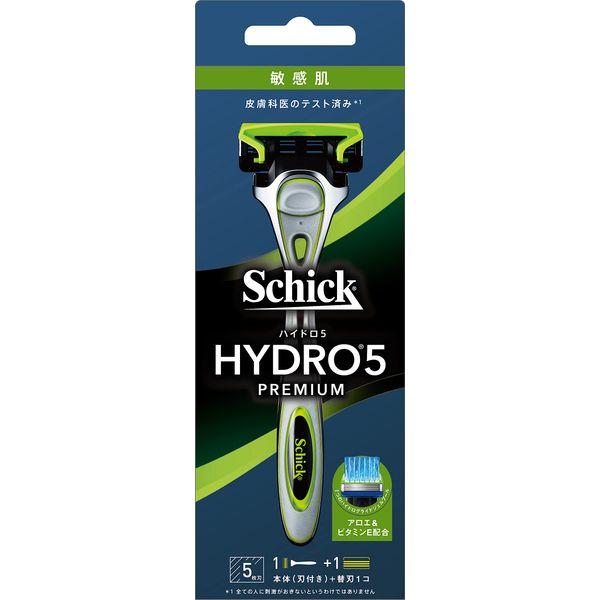 Hydro Schick Hydro5 Premium Sensitive Skin Holder (with Blade + 1 Replacement Blade) with Skin Guard 5 Blades, Green