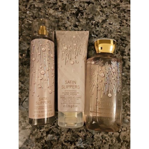 Bath and Body works Satin Slippers 3 piece set, Cream, Spray & Body Wash, New