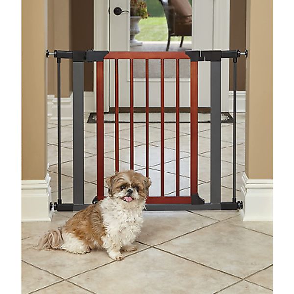 29 Inches Tall Walk-Though Wood Decorative Steel Pet Gate, Pressure Mounted Dog