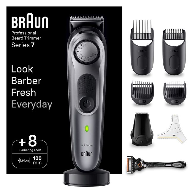 Braun BT7420 serisi 7 sakal düzeltici/saç kesme makinesi, profesyonel, 40 ayar, şarj istasyonu, seyahat çantası, sakal şablonu, 100 dakika kablosuz çalışma süresi, su geçirmez, BT7420