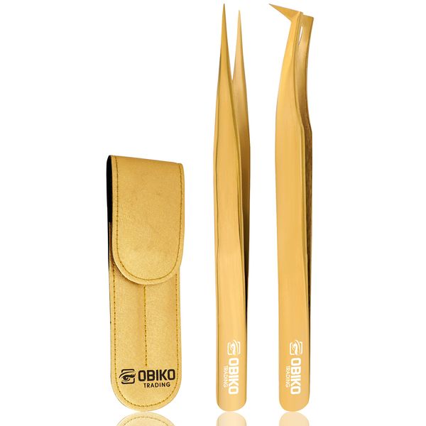 Obiko trading 2pcs eyelashes Extension Curved eyelash tweezers for women Golden Tweezer set