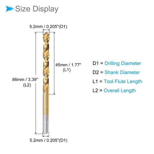 CoCud 6542 Twist Drill Bit, 0.2 inch (5.2 mm) Drill Diameter, Titanium Coated, High Speed Steel, Straight Shank - (Application: Stainless Steel, Alloy, Metal), Pack of 2